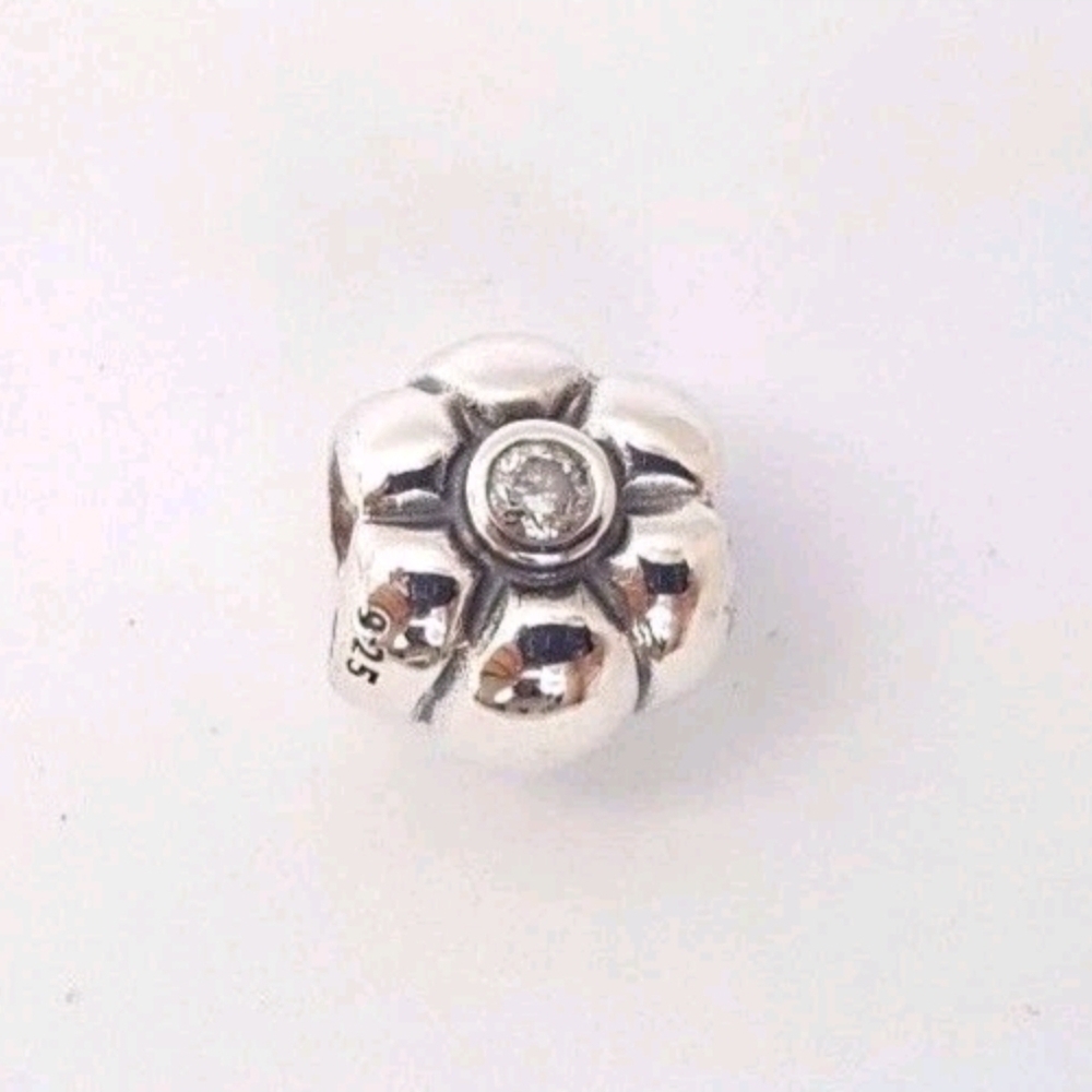 Pandora*Retired* Sterling Silver Flower Charm with Clear Stone